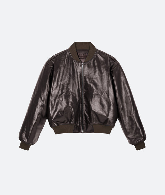 FRAGILE® Brown Cropped Leather Bomber Jacket fragile club astoud