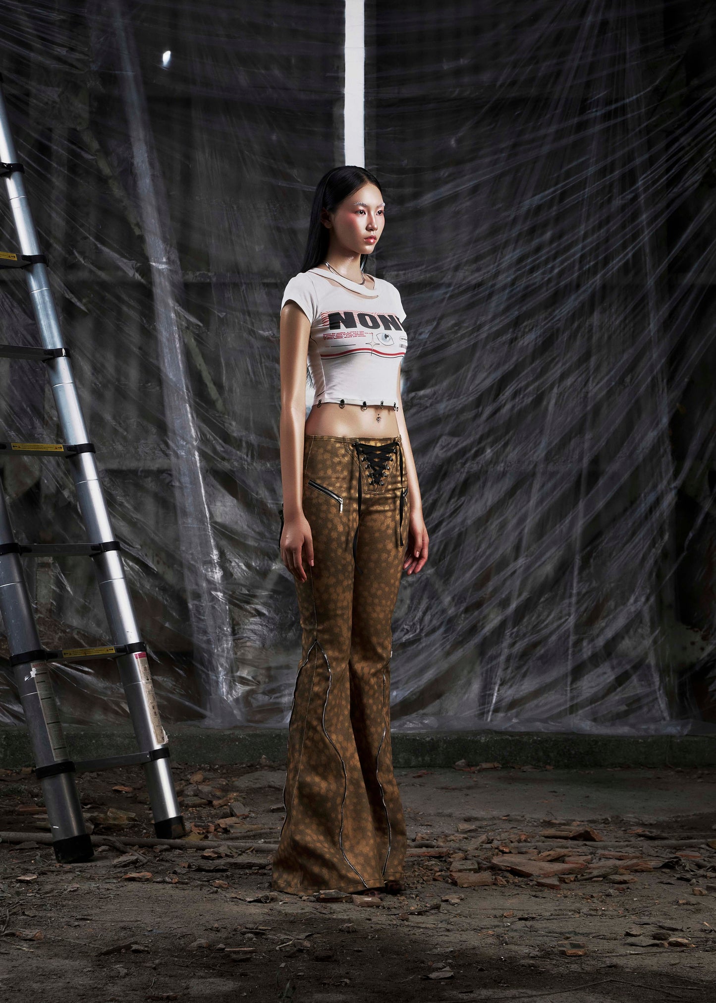 NONE Printed Lace Up Flared Jean Tatichu Astoud