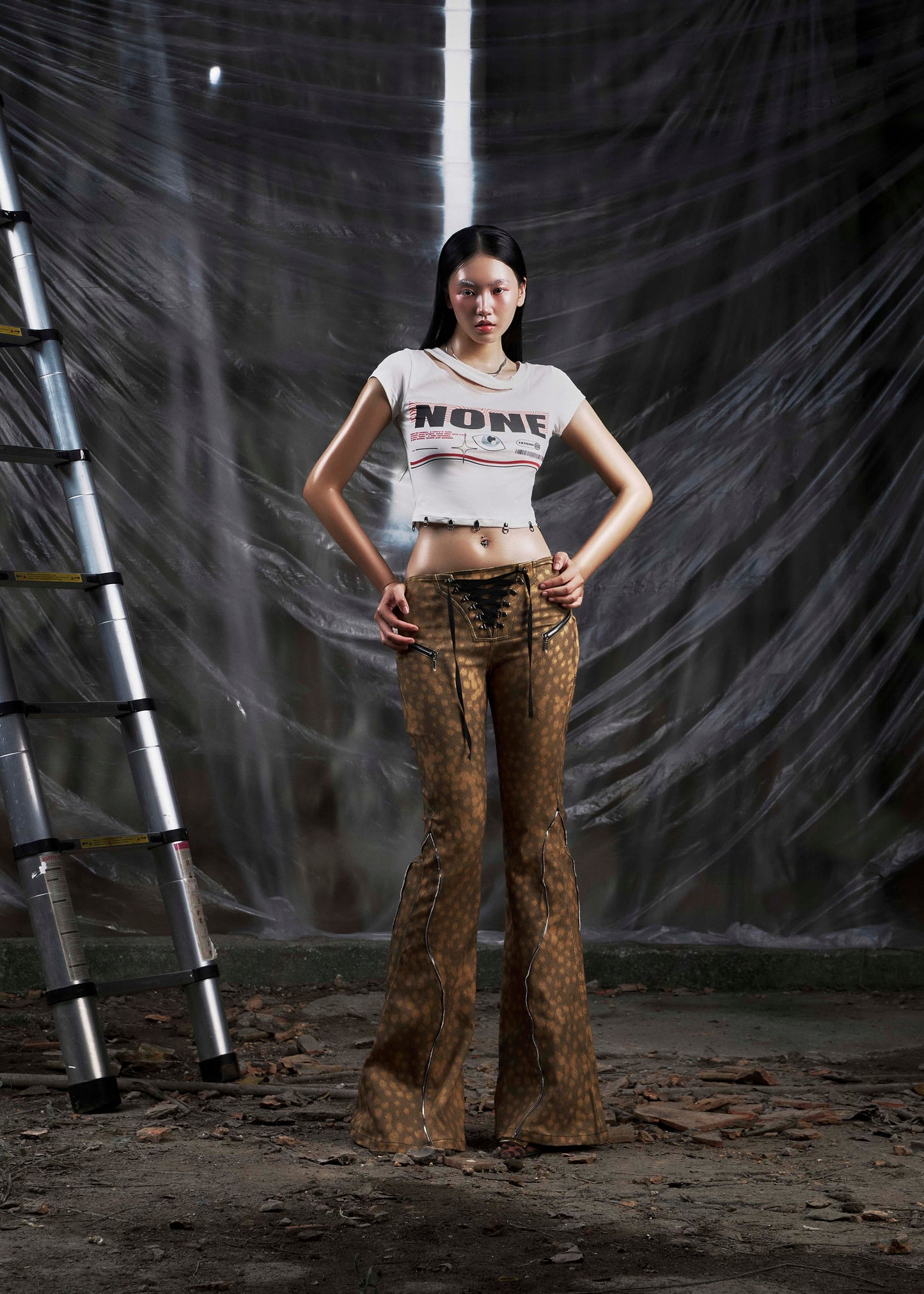 NONE Printed Lace Up Flared Jean Tatichu Astoud