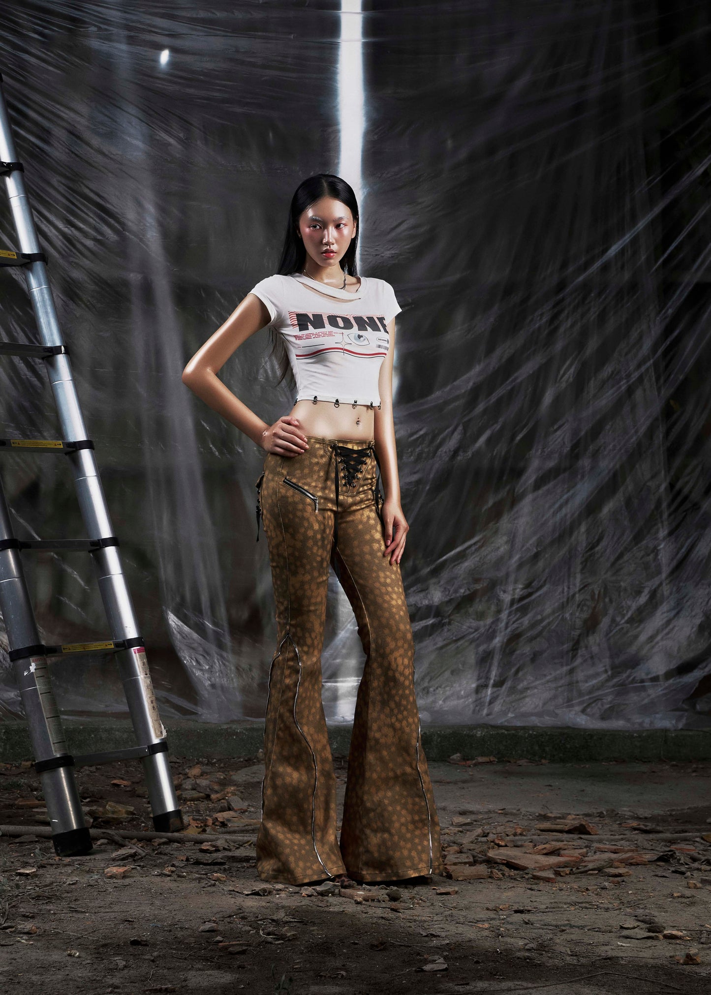 NONE Printed Lace Up Flared Jean Tatichu Astoud