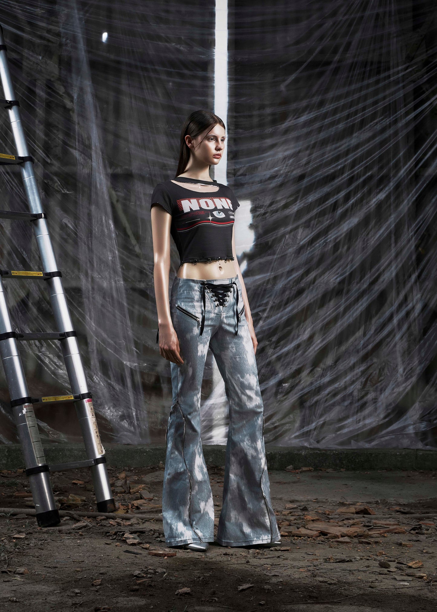 NONE Printed Lace Up Flared Jean Tatichu Astoud