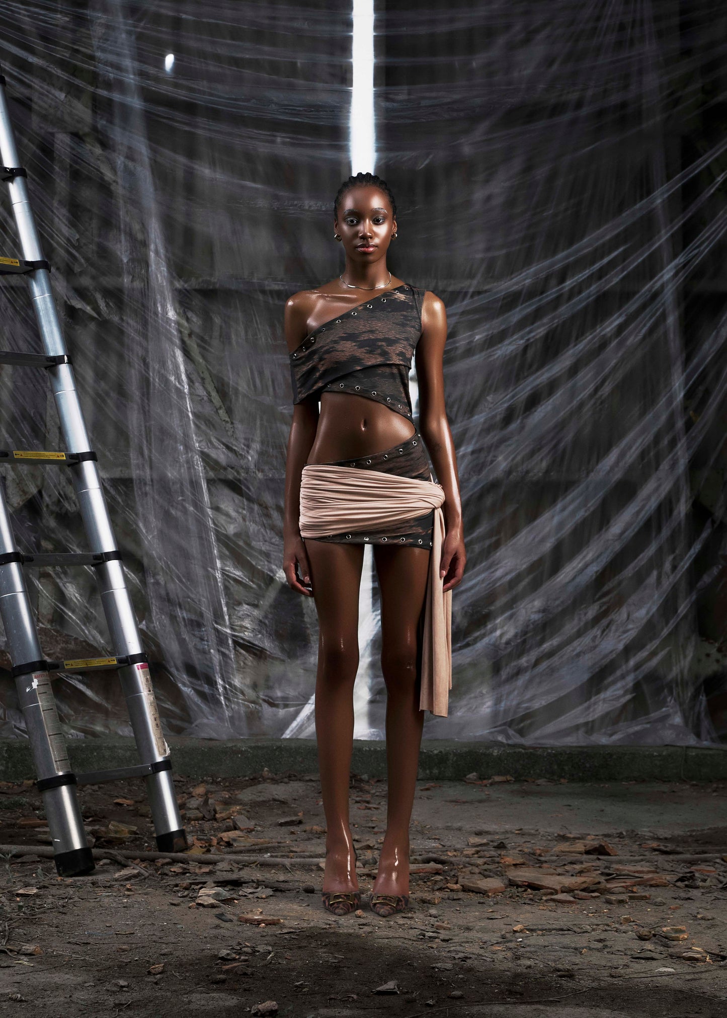 None Brown One Shoulder Cut Out Wrapped Hips Dress