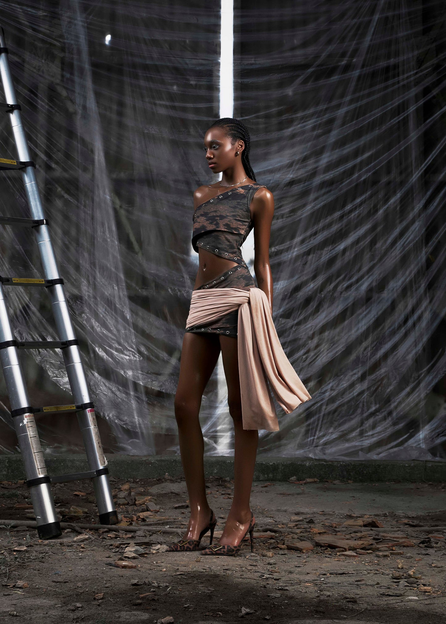 None Brown One Shoulder Cut Out Wrapped Hips Dress